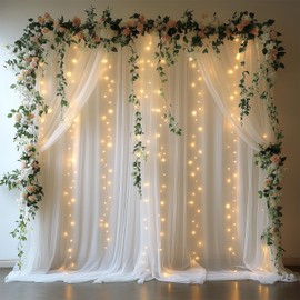EMHOLDBU White Tulle Backdrop Curtain with Lights String 10x8ft Sheer Drapes for Wedding, Birthday, Baby Shower, Bridal Shower, Photo Booth, Party, Home Decor (2 Panels, White)