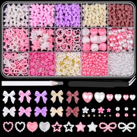 3D Nail Charms for Coquette Nails Design Set 4, Colorful Nail Bows + Assorted Pearl Heart Star Moon Bowknot Cute Nail Jewels + 3D Flower Charms and Nail Pearls, with Picker Tools for Nail Decor