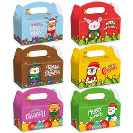 easykart labels 24 Christmas Treat Boxes, Xmas Cardboard Present Candy Cookie Boxes with Handles, Holiday Party Favor Supplies,6 Colourful Designs
