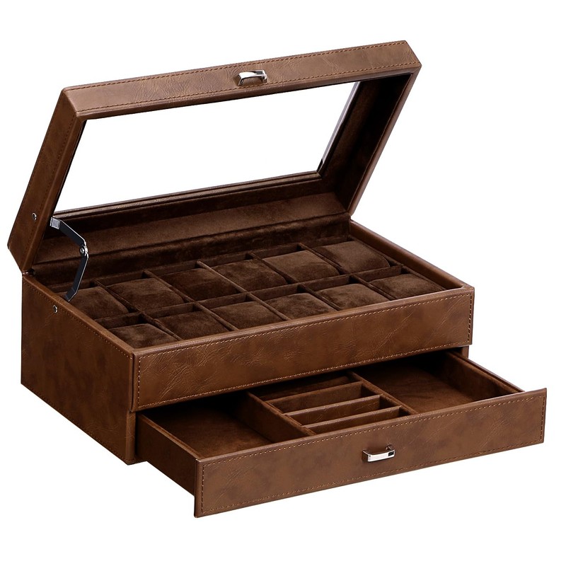 BEWISHOME Watch Box for Men, 12-Slot Watch Case, 2-Layer Watch