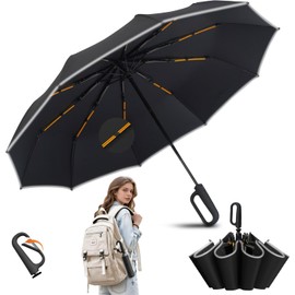 KIROGILY Paraguas, Sombrillas para Lluvia Automático Manija Giratoria Paraguas de Bolsillo y Sol con Tiras Reflectantes, Paraguas Reforzado Resistente al Viento, Umbrella