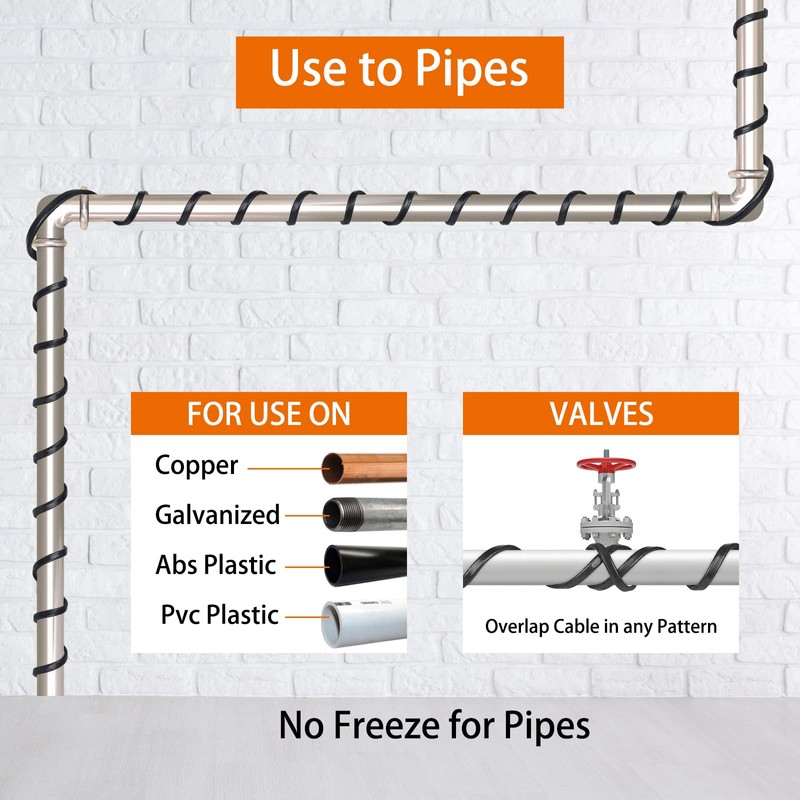 30FT（3~200FT） Heat Tape for Water Pipes, -40°F Deicing Heating Cable,