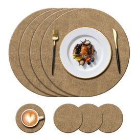 KERYCHIN 4 Round Leather Placemats (34cm) and 4 Coasters (10cm), Heat Resistant 100°C, Non-Slip and Waterproof, PU Placemats for Kitchen Indoor Outdoor Glass Dining Table (Beige)