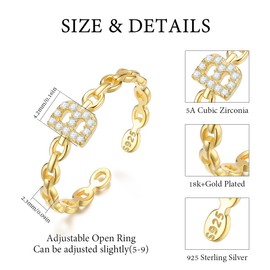 CRYSLOVE S925 Sterling Silver Adjustable Letter Rings for Women Girls 14K Gold-Plated Zircon Stackable Open Initial Alphabet A-Z Rings with Capital Letters Jewellery Gifts, Sterling silver, zirconia,