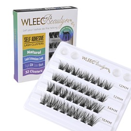 Wleec Beauty Self Adhesive Lash Clusters - DIY Lash Extensions 32PCS - No Glue Needed, Pre-Glued Lash Clusters, D Curl Eyelash Clusters Natural Wispy Individual Lashes (S24, Mix 12-14-16mm)