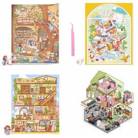 Fun Large Size 3D Miniature Scene 4 Sets of Stickers,DIY House Sticker with Tweezers Make Your Own Cute Cartoon Sticky Pack for Adults Girls Relief Stress Pass The Time,Party Favors Birthday Gift