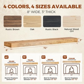 ABSWHLM 72x8x3 Fireplace Mantel - Handcrafted Hollow Rustic Solid Wood Wall Mounted Floating Shelf with Invisible Heavy Duty Wood Bracket (Natural Wood)