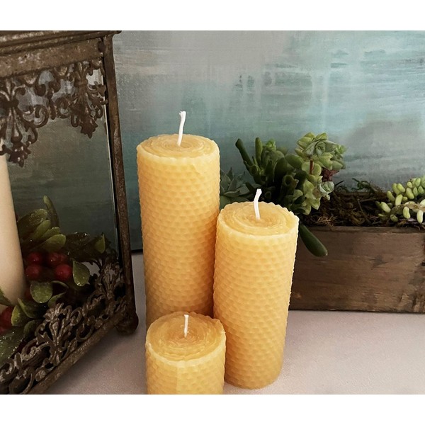 Honeycomb Beeswax Pillar Candle Set of 3 / Bees Wax