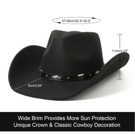 Lanzom Women Men Classic Felt Wide Brim Western Cowboy Cowgirl Hat with Belt Buckle Fit Size 6 8/7-7 1/4 (Black, Large)
