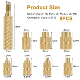 Gueenky 8 Piece Heat Set Insert Tips, M2 M2.5 M3 M4 M5 M6 M8 Brass Soldering Iron Tips for Inserting 3D Printer Threaded Inserts