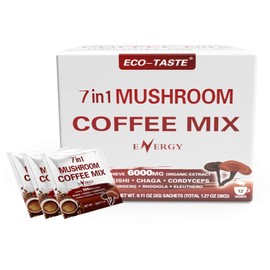 Mushroom Coffee Mix 7 in 1, TCM Designed for Energy with Reishi, Cordyceps, Chaga, Rhodiola, Ginseng, and Eleuthero Mushroom Extracts – 12 Sachets
