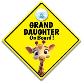 Granddaughter On Board Car Sign with Baby Giraffe Design, Baby on Board Sign, 14 x 14 cm, Yellow Diamond Safety Notice with Suction Cup