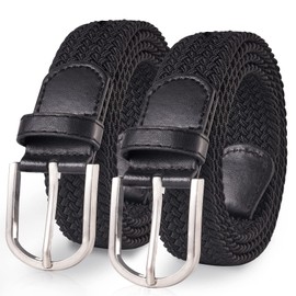 TANGCHAO 2 Pieces Fabric Belt, Stretch Belt, Elastic Braided Belt, Braided and Elastic Stretchy Belt for Men and Women, 3.3 cm, Length 90 cm to 135 cm, Black and black, Length 105 cm