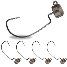 Reaction Tackle Tungsten Mushroom Head Ned Rig Shroom Jig Heads for Finesse Fishing, Weedless Jig Head for Bass Fishing with Soft Lures (5-Pack) 1/5oz Green Pumpkin EWG