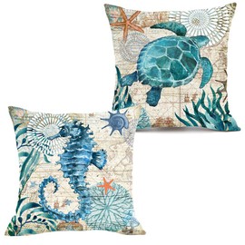 Ocean Theme Decorative Throw Pillow Cover 18x18 Set of 2, Turtle Seahorse Throw Pillows Cotton Linen Mediterranean Ocean Coastal Beach Outdoor Pillow Cushion Cases for Patio Couch Sofa Bed Decor