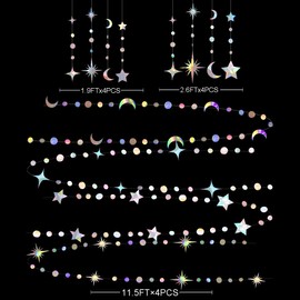 Iridescent Party Decorations Holographic Star Moon Circle Dot Garland Hanging Crescent and Twinkle Little Star Streamer Bunting Banner for Birthday Ramadan EID Mubarak Euphoria Karaoke Music Decor