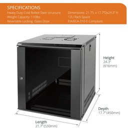 Tecmojo 12U Wall Mount Server Cabinet IT Network Rack Enclosure Lockable Door and Side Panels Black,Cooling Fan,Glass Door,17.7inch Depth,for 19” IT Equipment,A/V Devices