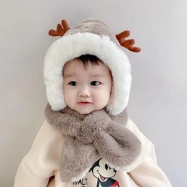 Winter Warm Baby Deer Antler Animal Hat & Scarf Set with Windproof Ear Protection for Kids (Unisex) One Size/Khaki 3ea