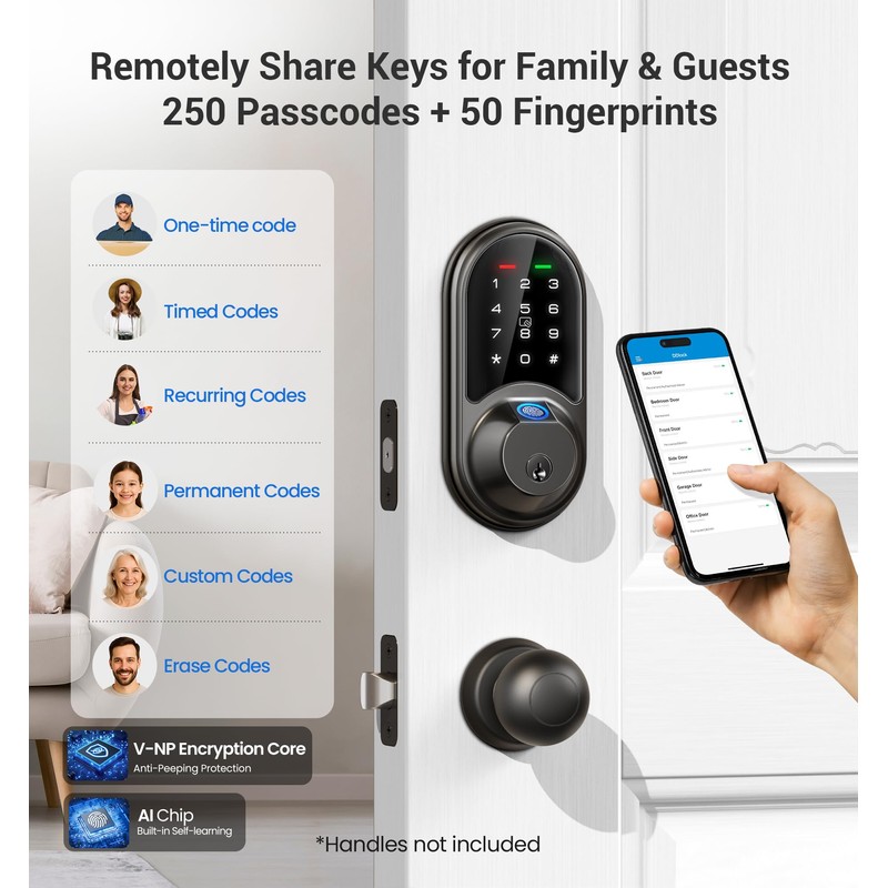 Veise RZ07 Smart Lock, Fingerprint Door Lock, 7-in-1 Keyless Entry