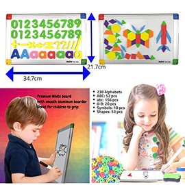 Juego de 291 piezas de imanes ABC con letras magnéticas, números y formas para niños y niños pequeños con almacenamiento, pizarra blanca de dibujo de 