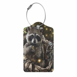 Numland Luggage Tag Raccoon Painting,Stainless Steel Ring Leather Luggage Tag for Travel Bag Suitcase