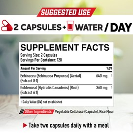 DEDICAD 1000mg Echinacea Goldenseal Capsules- 240 Counts of 4 Month Supply - Support Immune System, Well-being & Overal Health