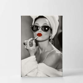 SmileArtDesign Audrey Hepburn Style Wall Art Red Velvet Lips Canvas Print Lipstick Makeup Iconic Pop Art Beauty Black and White Wall Art Living Room Wall Decor Ready to Hang Made in USA - 12x8