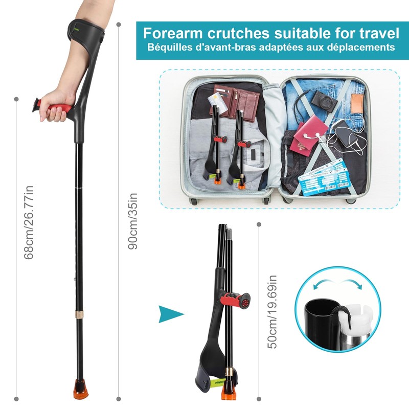 Antdvao Forearm Crutches Pair, Folding Forearm Crutches Lightweight Adjustable，with Rubber