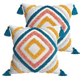 Boho Throw Pillow Covers 18 x 18 Inches, Set of 2, Modern Rainbow Woven Tufted Pillow Cover with Tassel, Decorative Standard Pillow Cases for Bed Couch Sofa Living Room Bedroom