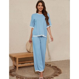 TBETNE Women’s 2 Piece Outfits Short Sleeve Sweater Lounge Sets Knit Pullover Wide Leg Pants Comfy Pajamas Set(Blue, X-Large)