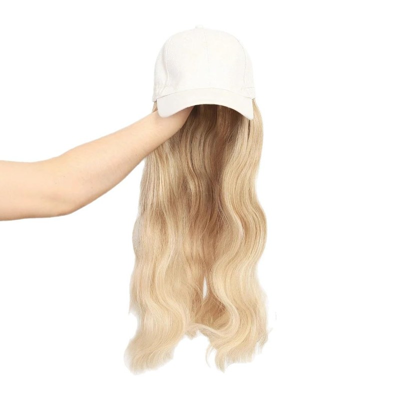 Baseball Cap with Attached Wavy Blonde Hair Extension, White Cap