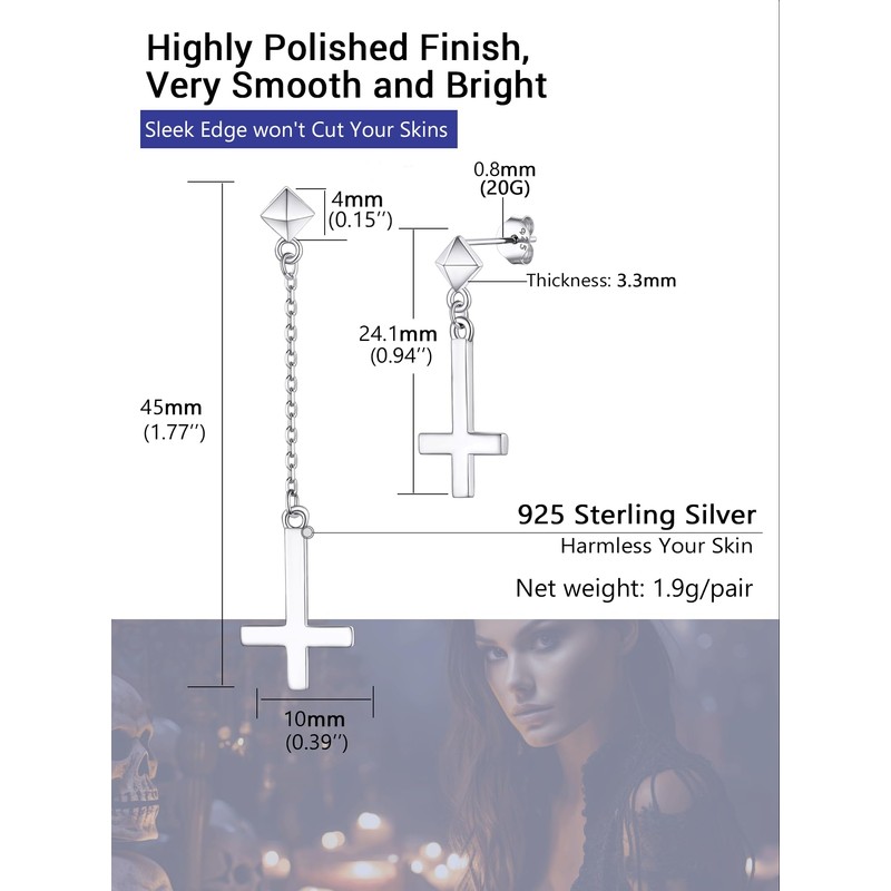 Upside Down Cross Earrings Satanic Jewelry Sterling Silver Dangle Earrings