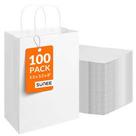 SUNEE Gift Bags with Handles 5.5x3.3x8, 100 Pcs Small Paper Gift Bags Bulk for Wrapping, Retail, Party Favors and Small Business - White