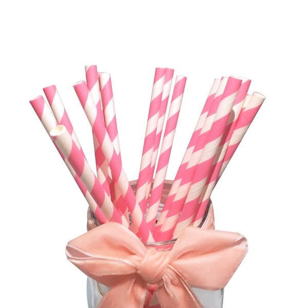 Princess Cute Pink Striped Paper Straws, 100 Pack Maid Pink Stripes Paper Drinking Straws for Girls Party and Maid Meeting