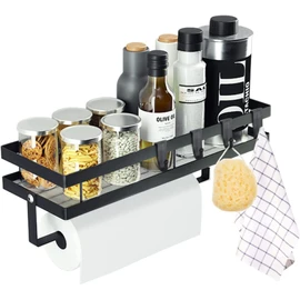 Spice Rack Organizer Wall Mounted with Paper Towel Holder, Bathroom Shelves Storage Shelves, Sturdy Hanging Organizer with 4 Detachable Hooks for Kitchen and Bathroom (black)