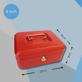 Cathedral Products Key Lockable Cash Box with Lift Out 6 Compartment Coin Tray - 8 Inch - Red