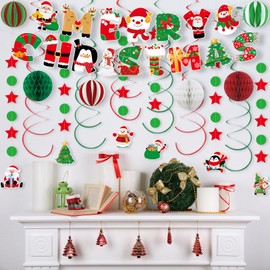 SHERONV Christmas Party Decorations, Merry Christmas Banner, Red Green Honeycomb Balls, Stars Circle Dots with Santa Snowman Christmas Tree Sign Hanging Decors for Winter Holiday Xmas Party Events