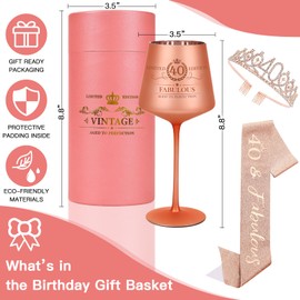 Cyrelwing 40TH Birthday Gifts for Women,Vintage Engraved 40th Wine Glass,40 Year Old Birthday Decorations For Her,40&Fabulous Sash and Tiara For Women,Friends,Sister-Turning 40th Party Favor Supplies