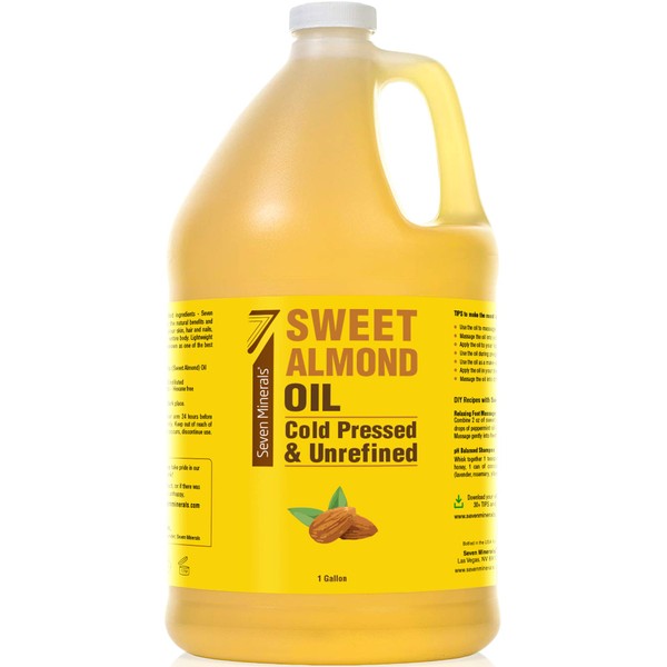 Seven Minerals, Pure Cold Pressed Sweet Almond Oil - 1 Gallon - Unrefined & 100% Natural For Skin & Hair, with No Added Ingredients - Perfect Carrier Oil for Essential Oils