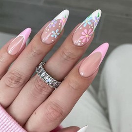 French Tip Press on Nails Long Almond Fake Nails Pink False Nails with Flower Design Glue on Nails Cute Acrylic Nails Glossy Full Cover Stick on Nails for Women Spring Manicure 24Pcs