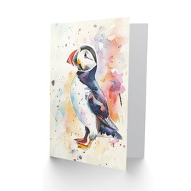 Artery8 Greeting Card Cute Puffin Bird Colourful Watercolour Portrait Blank for All Him Or Her Art Birthday Card