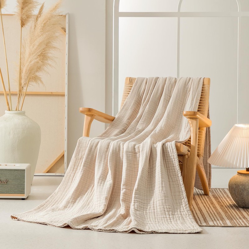 100% Cotton Soft Muslin Blankets for Adults, 6-Layer Lightweight King