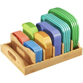 Lifewit Bamboo Lid Organizers for Cabinet, 13.2" X 10" Food Storage Container Lid Holder with 5 adjustable Inserts & 6 Compartments, Plastic Lid Holder Inside Cabinet in Kitchen Pantry Organization
