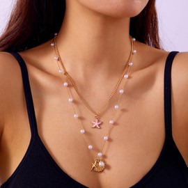 Gold Layered Seashell Necklaces for Women Boho Pearl Chain Shell Charm Necklace Summer Beach Starfish Necklace Vacation Holiday Surfer Jewelry (Pink)