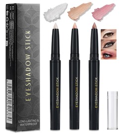3 Pack Eyeshadow Stick & Eyeliner Pencil – Creamy, Smudge-Proof Eye Crayon with Shimmer – Twist-Up, No-Sharpen Daily Makeup Set in White, Pink & Light Brown for Mature Eyes