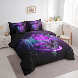 Erosebridal Gothic Dragon Dream Catchers Comforter Set 7 Piece Bed in a Bag Twin,Purple Galaxy Bohemian Feather Bedding Sets Antique Animal Pterosaur Sheet Set with Comforter