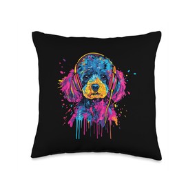 Toy Poodle Lover Pop Art Wearing Headphones Funny Toy Poodle Throw Pillow