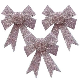 AKH® 5" x 4.5" Sparkling Christmas Glitter Tinsel Bows | Pack of 3 Xmas Bows | Tinsel Effect Christmas Bow Luxury Hanging Indoor Outdoor Christmas Tree Decoration Bows | Twist Tie On (Rose Gold)