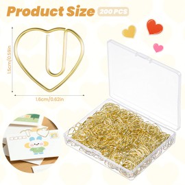 Heart Paper Clips, 200 Pcs Heart Shaped Gold Paper Clips Mini Cute Decorative Paperclips Metal Papers Clamps for Office School Home Document Note Organization Wedding Decoration Crafts