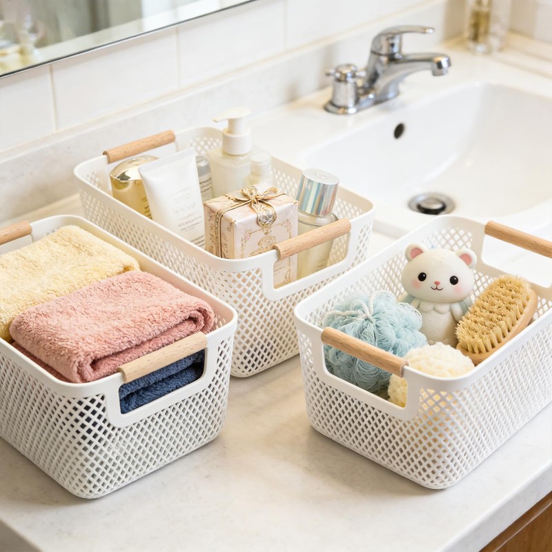 SHAIDOJIO 6 Pack Plastic Mesh Baskets with Wooden Handles, White